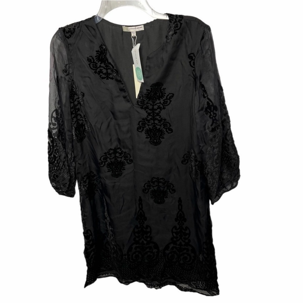 NWT Lavender Brown Medium Stitch Fix Black Shift Dress Sheer Sleeves Velvet